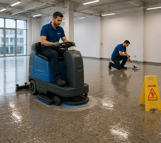 Scheuersaugmaschine bei der Grundreinigung eines gewerblichen Bodens