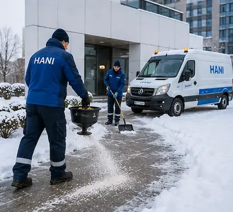 HANI-Mitarbeiter räumt Schnee mit Schneeschieber vor gewerblichem Gebäude